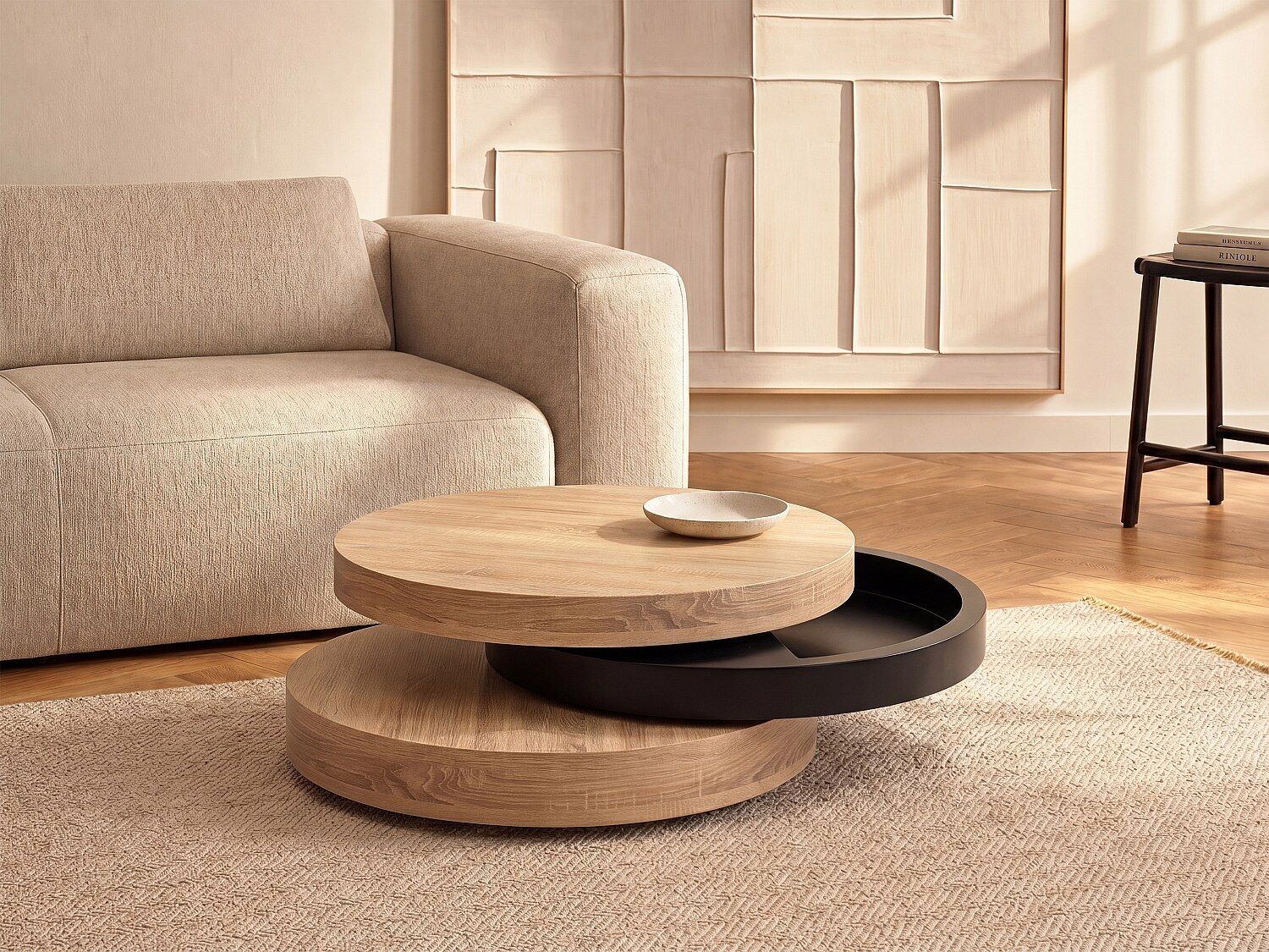 Unique Mesa de centro redonda giratoria con 1 compartimento de MDF - Negro y natural claro - JANITA