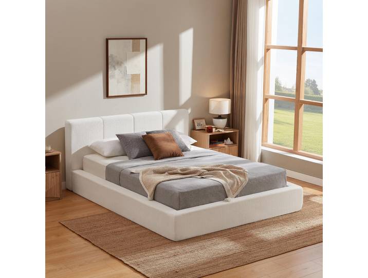 LVHOM Polsterbett 160x200cm, Chenille Stoffbett mit Metall-Lattenrost & Kopfteil, Modernes Doppelbett Jugendbett, Komprimiert, Cremeweiß