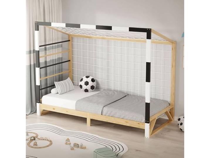 ML-Design Kinderbett Fußballtor 90x200 cm, Holzbett mit Lattenrost und Tornetz, Jugendbett aus Kiefernholz, Einzelbett für Kinder, Bettgestell mit Holzrahmen, Handballtor, Fußballbett-Tor