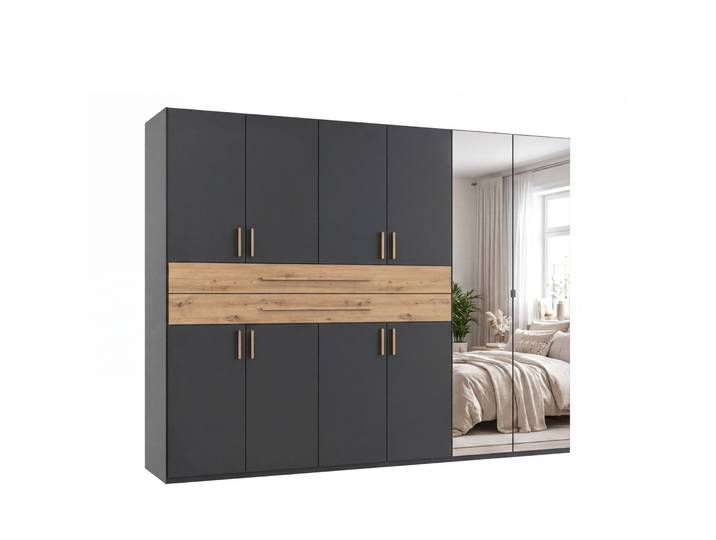 Drehtürenschrank Kleiderschrank 270 cm Grafit Schubkästen Spiegel Eiche Artisan / 22649