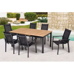 OUTFLEXX Garten-Essgruppe, OUTFLEXX® anthrazit matt, Alu / Teak / Textil, Ausziehtisch 180/240x100cm, 6 Stapelsessel