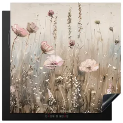 HERDABDECKPLATTE Blumen - Beige - Trockenblumen Induktionsmatte 78x78 cm