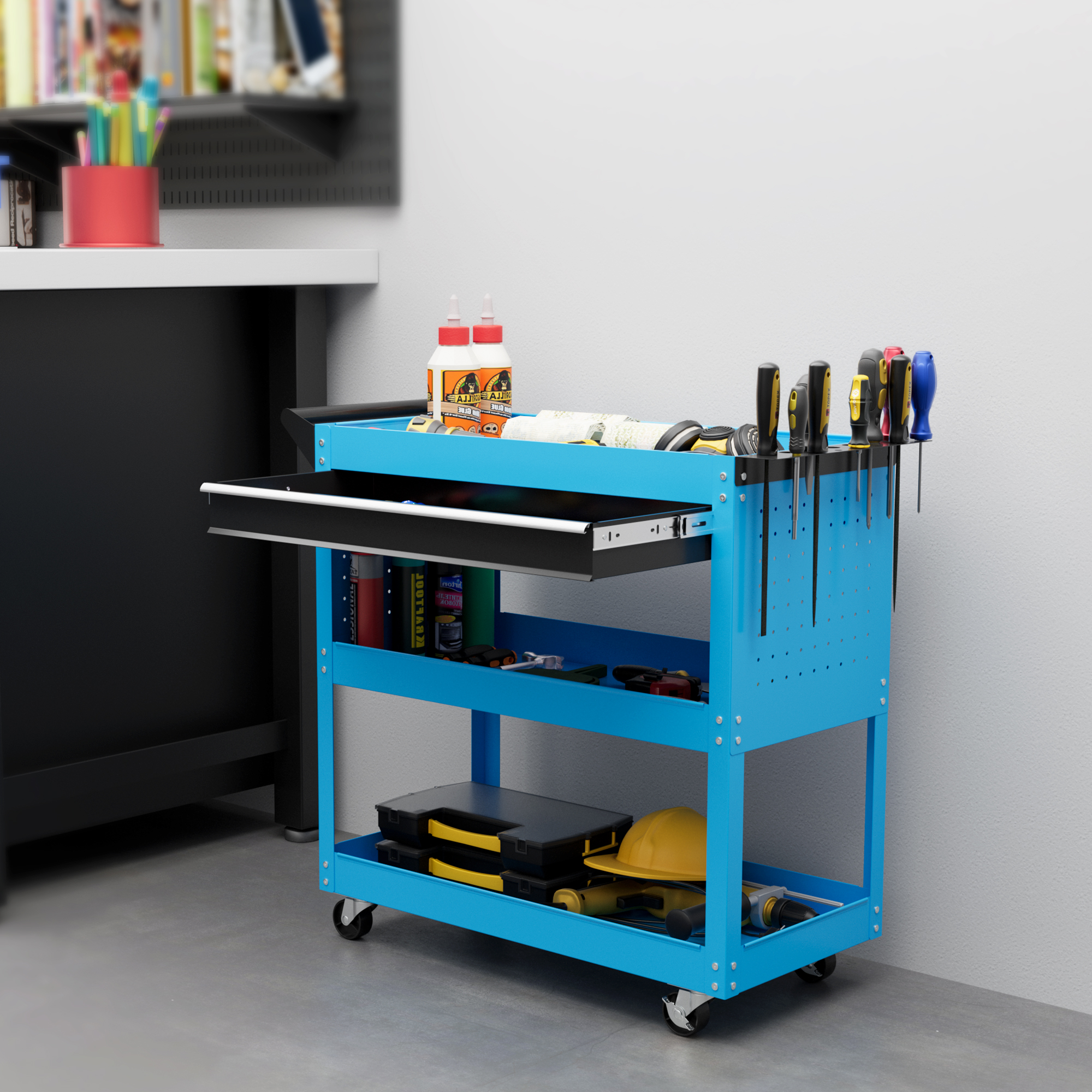 Durhand Carrello Porta Attrezzi con Manico Laterale, Cassetto e 3 Ripiani in Acciaio, 82x35x76 cm, Blu
