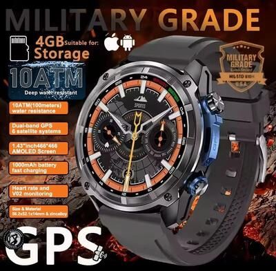 Inspired Finds T Rex3 Pro GPS Smartwatch Offline Maps 10ATM Waterproof 1000mAh Outdoor Military Watch black