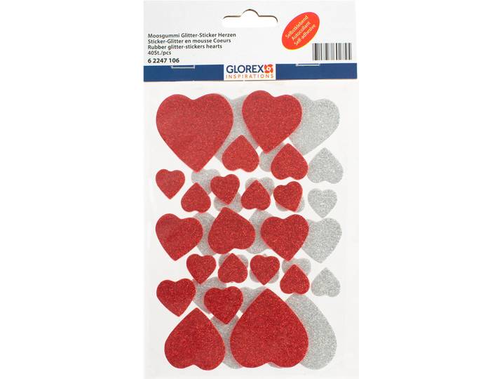 Moosgummi Glitter-Sticker 40St Herzen in