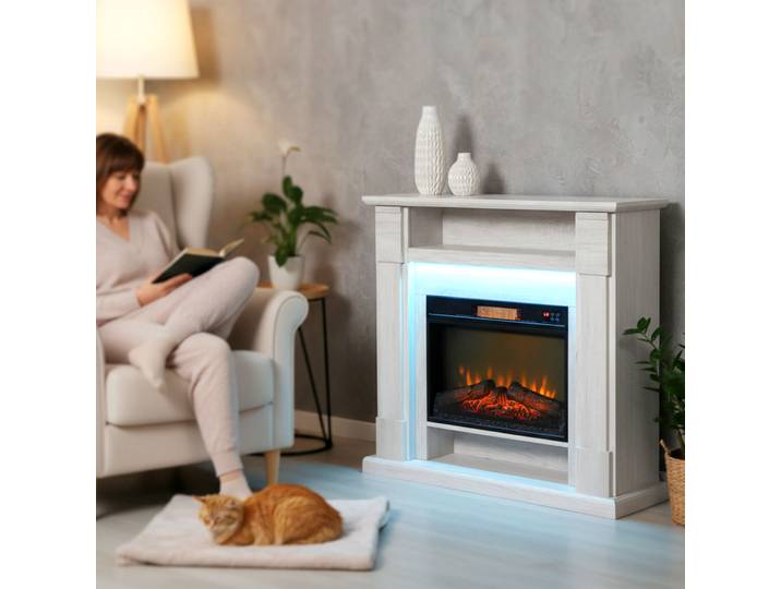 HOMCOM Cheminée Électrique 1800W avec Flamme 3D et Étagère Bois