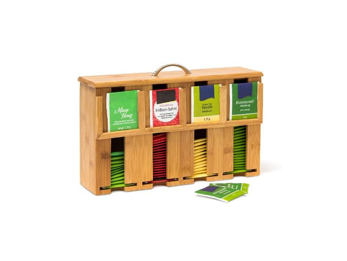 Teebox RELAXDAYS 4 Fächer , braun (hellbraun), B:33,5cm H:22cm L:10cm, Holz, Lebensmittelaufbewahrungsbehälter, Teebox, Holzart: Bambus (China)