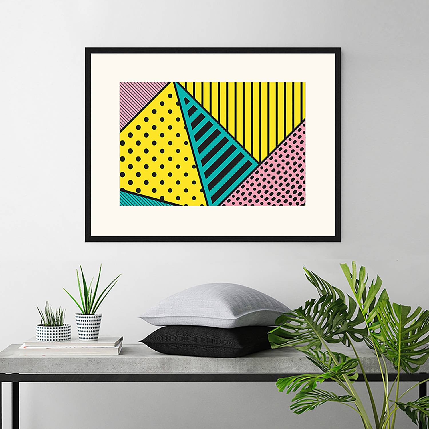 home24 Abstracte Afbeelding Pink Yellow & Green Frame - Massief Beukenhout - 82 x 62 cm