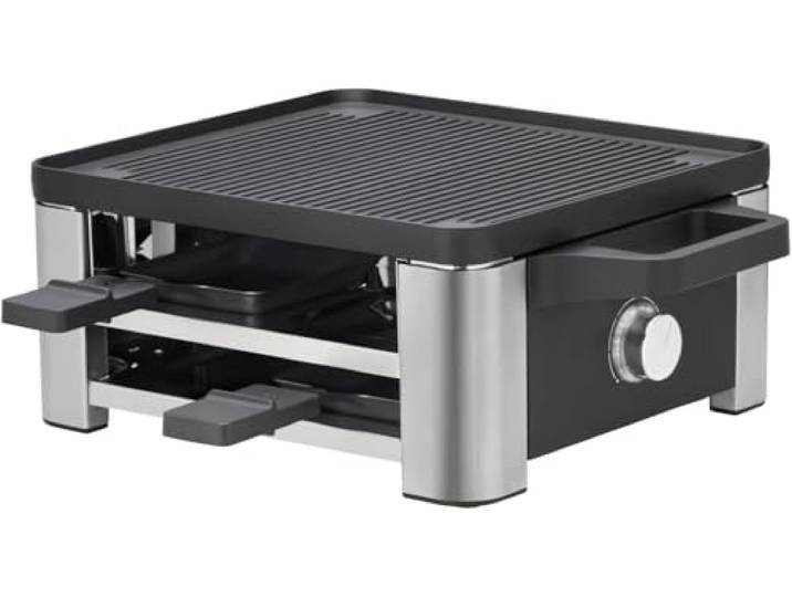 WMF Lono Raclette Grill für 4 Personen – Tischgrill aus Cromargan Edelstahl, 870 W, antihaftbeschichtete Grillplatte und Pfännchen, spülmaschinengeeignet, für gemütliche Abende und Feierlichkeiten