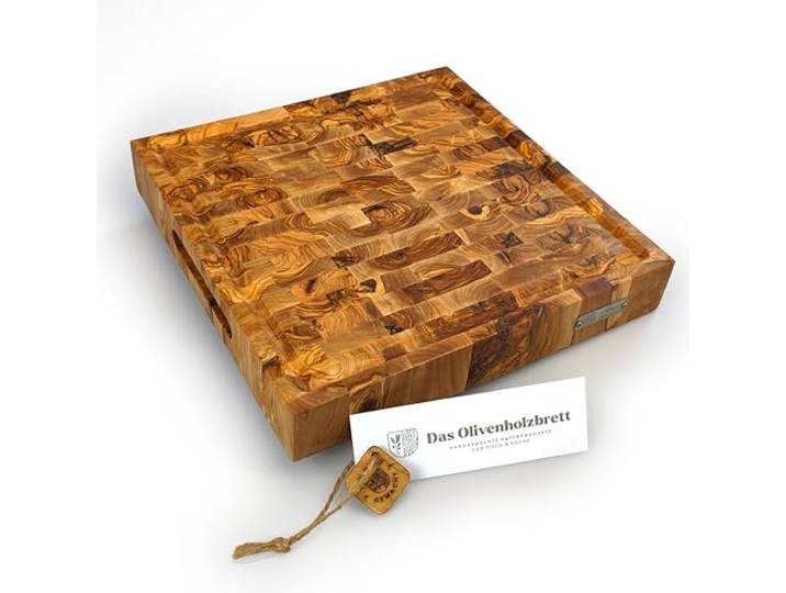 DAS OLIVENHOLZBRETT®Mosaik Schneidebrett mit Saftrille/Quadrat/ 30x30x4,5cm Exklusives Olivenholz/Hirnholzbrett aus Olivenholz/Stirnholz/massiv/langlebiges hochertiges Küchenbrett