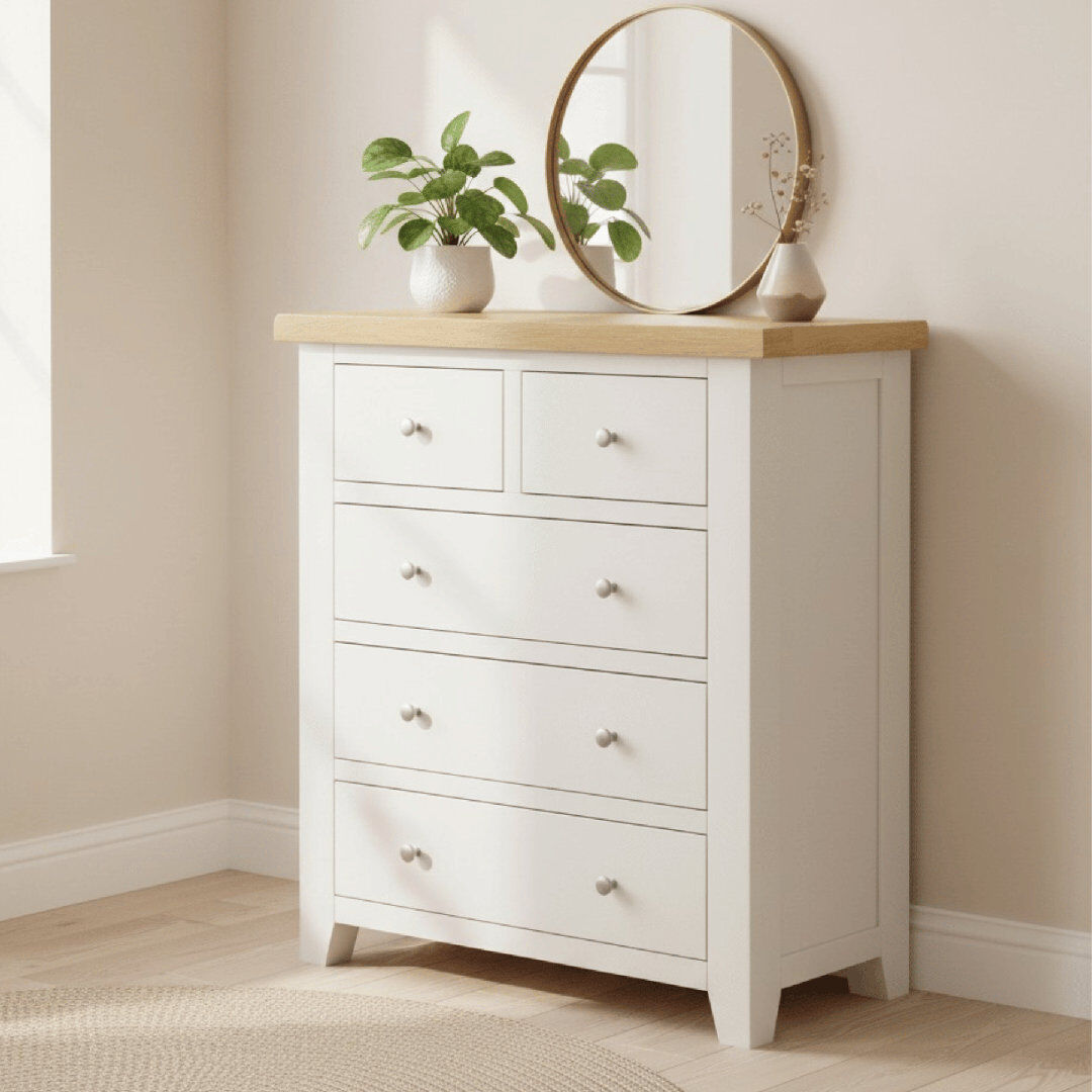 Alpen Home Cooksey Fully Assembled Oak 5 Drawer Chest of Drawers White 96cm H X 85cm W X 40cm D