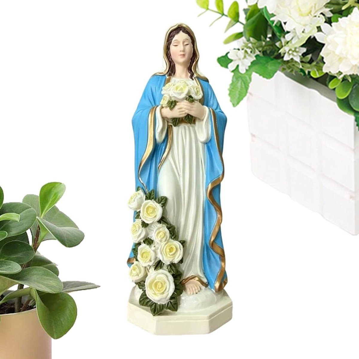 Maria Beeld Moeder Maria Decoratief Ornament met Levensachtige Bloemen, Hoogte: 20 cm
