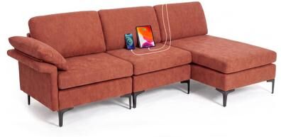 Costway L-Shaped Sectional Sofa Convertible 4-Seater Modular Couch with 2 3-Hole Outlets and 4 USB Ports-Red