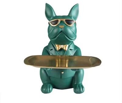 Uplift Picks Bulldog Tray Statue Dog Storage Organizer Decorative Home Accent green