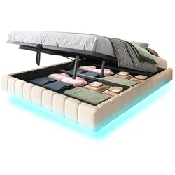 Polsterbett 160x200 cm mit Stauraum und LED-Beleuchtung – Elegantes Design in Beige, Leinenbezug, Hydraulisches Lagersystem