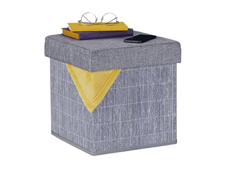 Relaxdays Tabouret Rangement\, rembourré\, Pliable\, Bambou\, Tissu\, HxLxP : 36 x 35 x 35 cm\, Repose-Pieds\, Gris