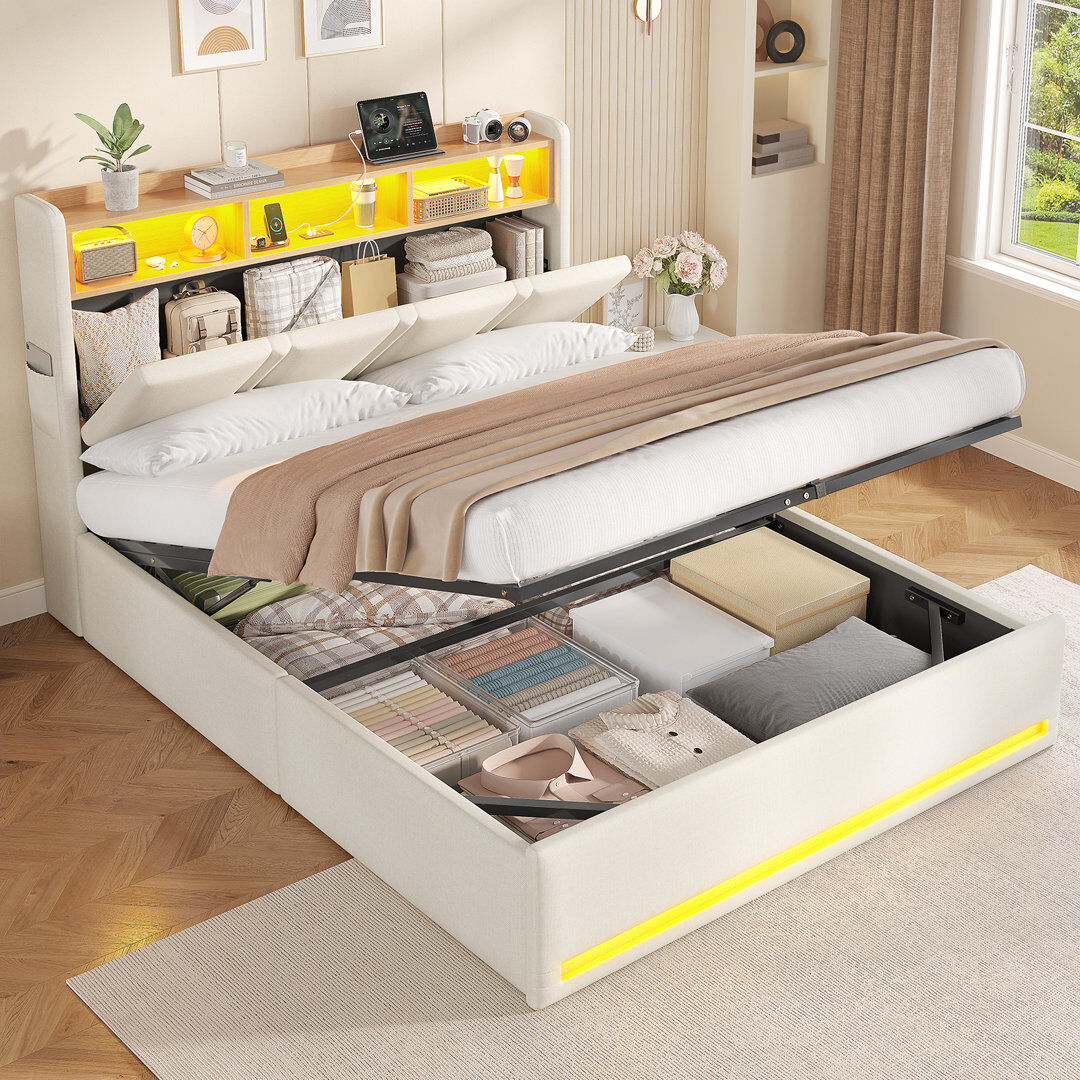 17 Stories Annalysse 90x190 cm Single Bed with Lift-up Storage, Adjustable LED lights, Charging station, Open shelving Beige Double-135x190 cm