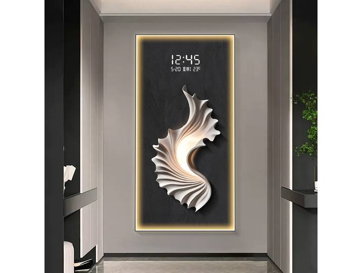 Peinture décorative moderne pour porte d'entrée, tableau abstrait simple pour couloir, lampe murale avec horloge et éclairage LED