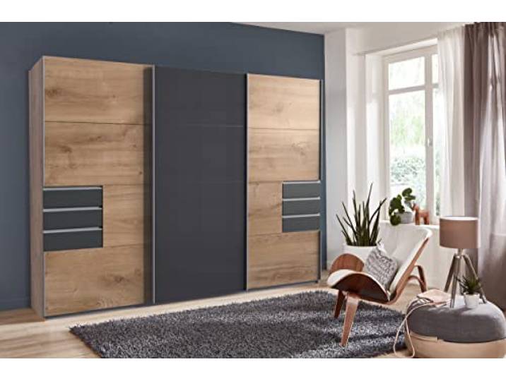 möbelando Schwebetürenschrank Kleiderschrank Schiebetürenschrank Schrank Susanetta II Plankeneiche/Graphit