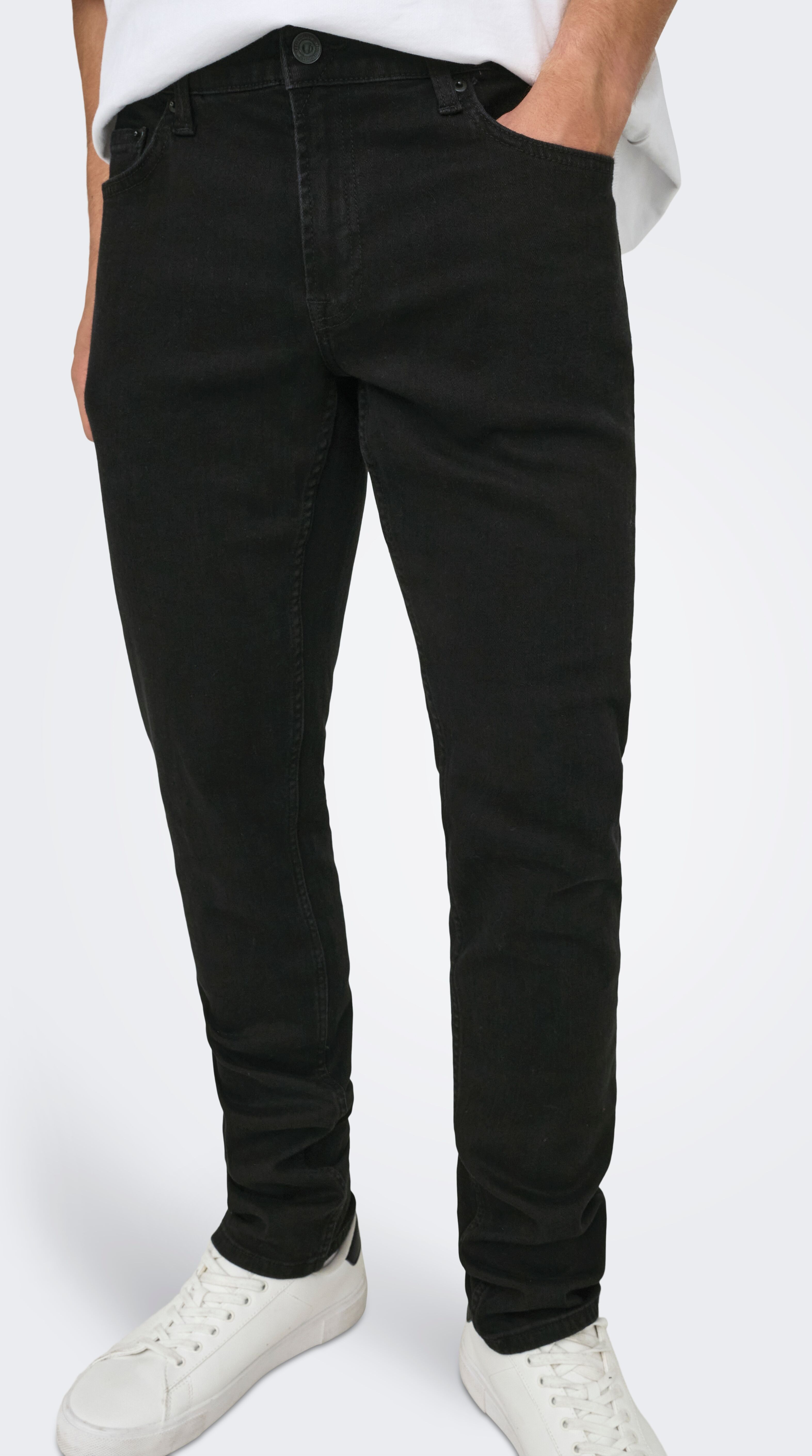 Slim-fit-Jeans ONLY & SONS "ONSLOOM SLIM LBD 8263 AZG DNM NOOS", Herren, Gr. 28, Länge 32, schwarz, Denim/Jeans, Obermaterial: 99% Baumwolle, 1% Elasthan, Abriebeffekte, schmal knöchellang, Jeans Slim-fit-Jeans schwarz 28, Länge 32
