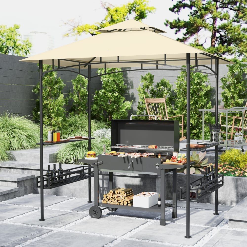 ComfortXL Pavillon de barbecue avec double toit en acier beige Beige 240x257x150cm