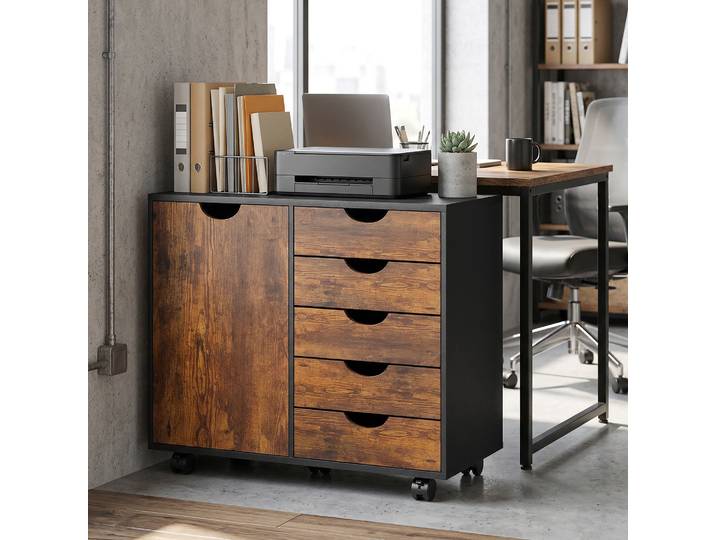 HOMCOM Meuble Bureau 5 Tiroirs 1 Porte Étagère Roulettes 78x40x66,5cm