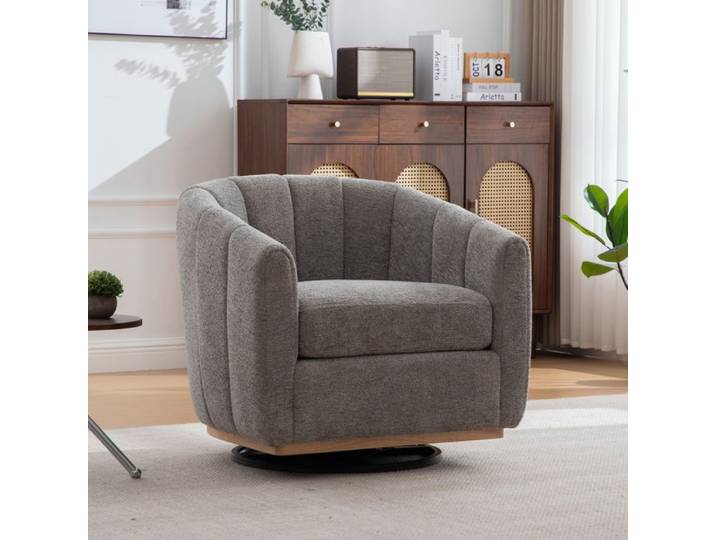 Fauteuil club pivotant 360° en chenille gris avec base métallique ronde