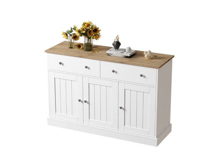 Buffet meuble de salon avec texture gravée grand espace de rangement avec 3 Portes et 2 Tiroirs 120x36x80.5cm Blanc