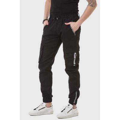 Cargohose CIPO & BAXX "Hose", Herren, Gr. 38, Länge 32, schwarz, 70% Baumwolle, 28% Polyester, 2% Elasthan, unifarben, regular fit lang, Hosen Cargohose, mit elastischen Bündchen