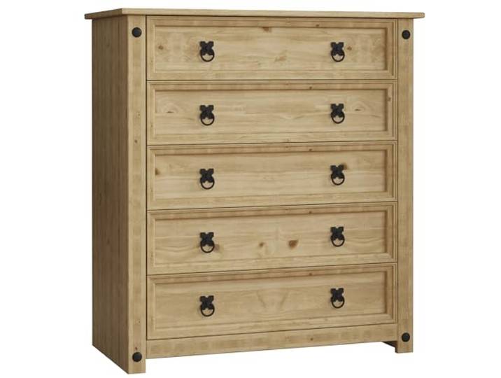 Vida Designs Corona Kommode mit 5 Schubladen Massives Kiefernholz 90 H x 80 B x 40 T cm Gewachste Eichenoptik Schwarze Ringgriffe Rustikal Schlafzimmermöbel