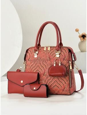 LightInthebox Women's Embroidered Pattern Faux Leather Satchel Handbag Set, Multi-Color 3-Piece Mother-Daughter Bag Purse Set for Party, Work, Commuting, and Everyday Elegant Wear