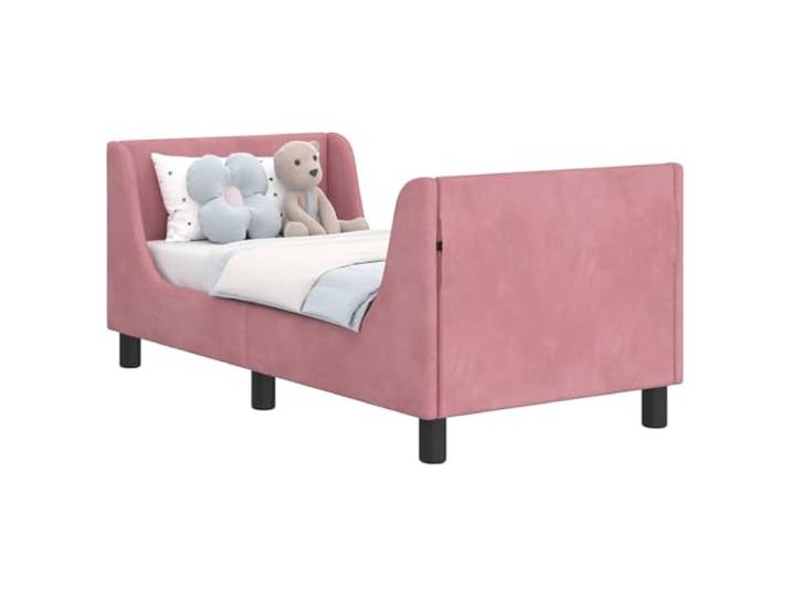 KTHLBRH Kinderbett mit Kopfteil Rosa 70 x 140 cm Technisches Holz, rosa Samt, Lattenrost inklusive, niedriges Profil, Innengebrauch, Montage erforderlich