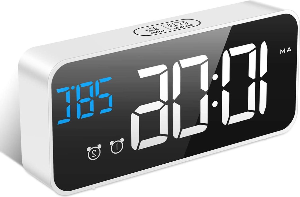 Digitale LED wekker met oplaadbare spiegel en temperatuurweergave - Wit
