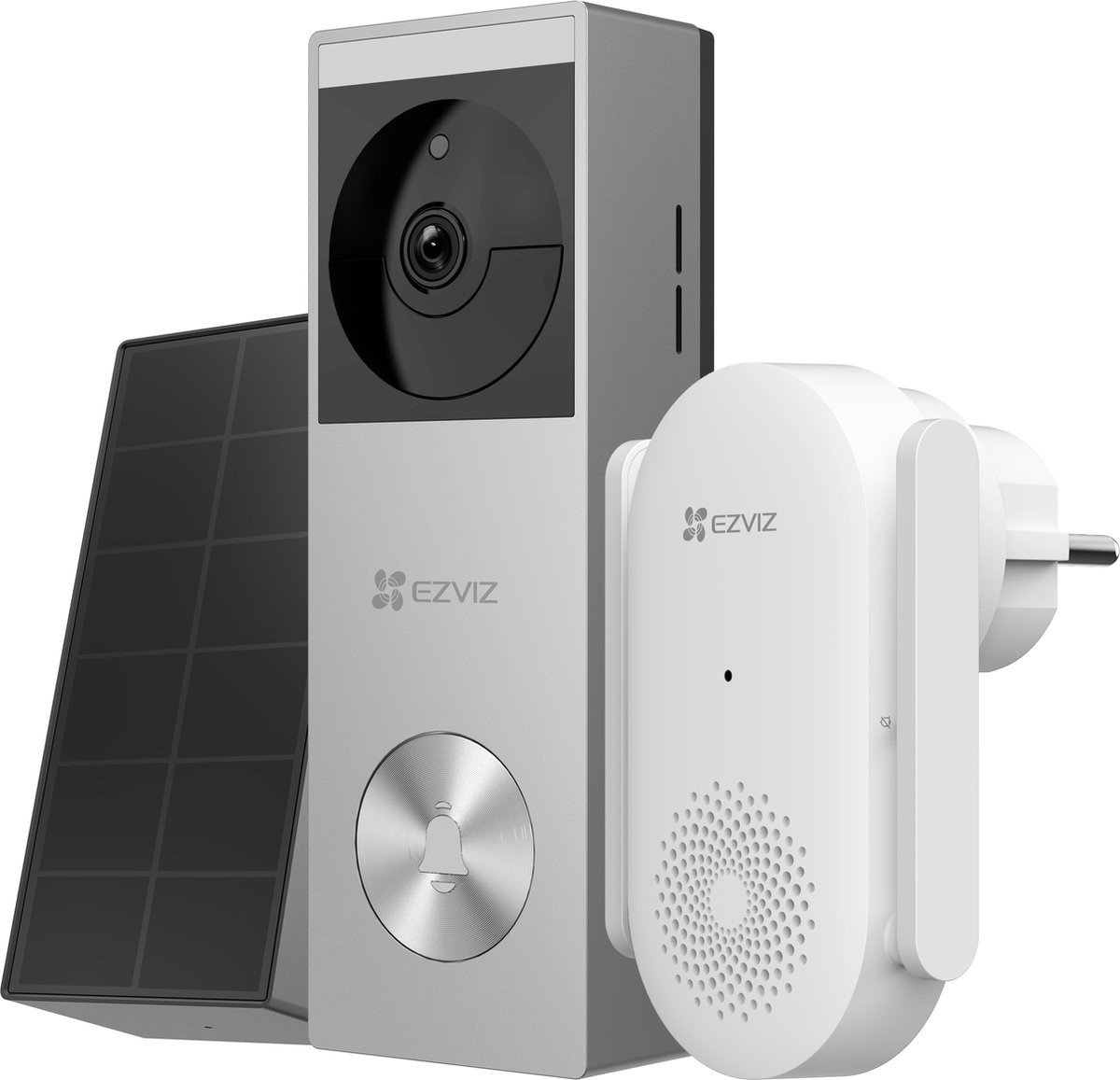 EZVIZ HP3 Pro + CH1 Video Deurbelset met 2K HD, Nachtzicht, 32GB Opslag en Zonnepaneel, IP65, Zilver