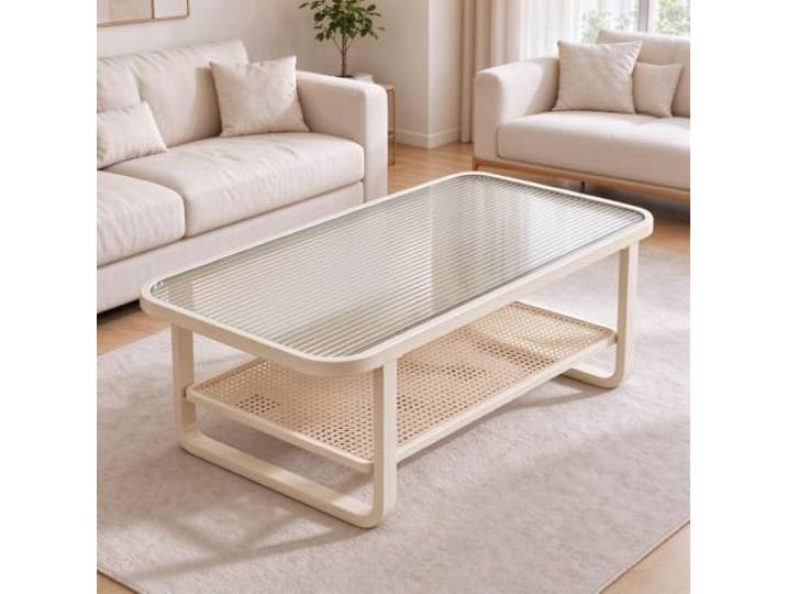 YHTCSXMD 2-Ebenen Couchtisch, Couchtisch Glas für Wohnzimmer Carbonstahlrahmen, gehärtetes Riffelglas, offene Ablage; Wohnzimmer, kleine Räume