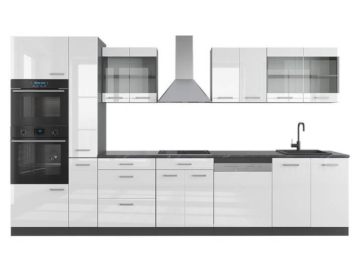 Küchenzeile Vicco R-Line Weiß Hochglanz/Anthrazit 350 cm mit Hochschrank, Model 49832