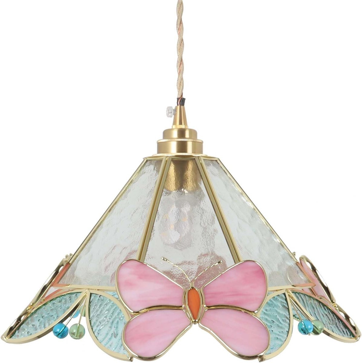 Tiffany plafondlamp vlinder & bloem met gebrandschilderd glas in multicolor en goud/messing