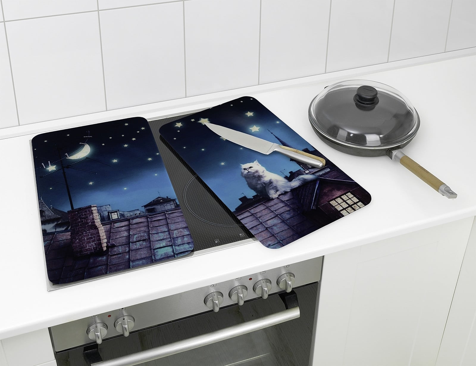 home24 Kookplaatafdekplaat Moon Cat blauw set