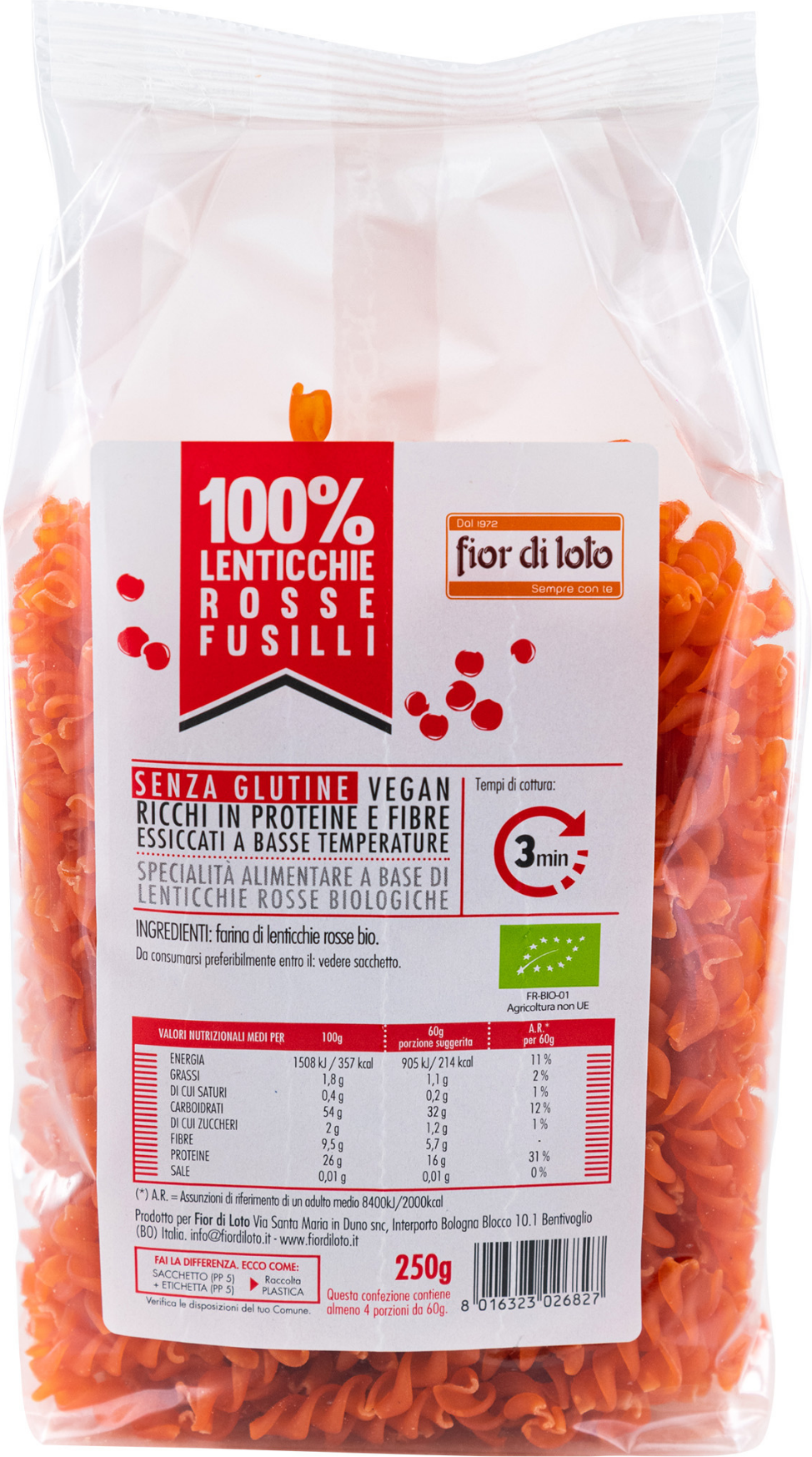 FIOR DI LOTO 100% Lenticchie Rosse Fusilli 250 Grammi 