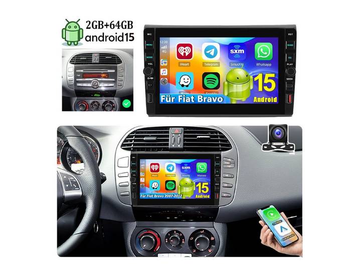 ESSGOO Autoradio Android15/16 Für Fiat Bravo 07-12 CarPlay GPS USB und Type-C Autoradio (RDS, 4+64GB(optional), Digitalradio (DAB), FM, GPS, USB- und Type-C, WIFI, SWC, Apple Carplay Android Auto GPS Navi WIFI BT EQ mit USB- und Type-C)