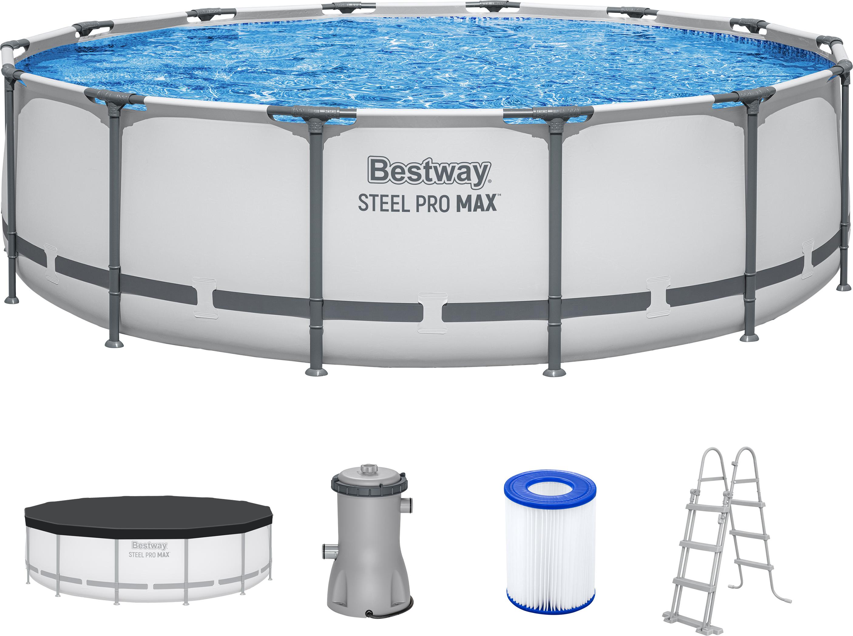 Bestway Steel Pro MAX Frame Pool Komplett-Set mit Filterpumpe Ø 427 x 107 cm, lichtgrau, rund