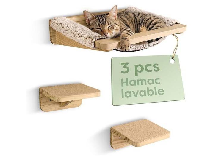 Étagère Murale Chat avec Hamac & 2X Escaliers – Bois de Pin Massif FSC Couchage Mural Solide Jusqu'à 30 kg – pour Jeu & Confort
