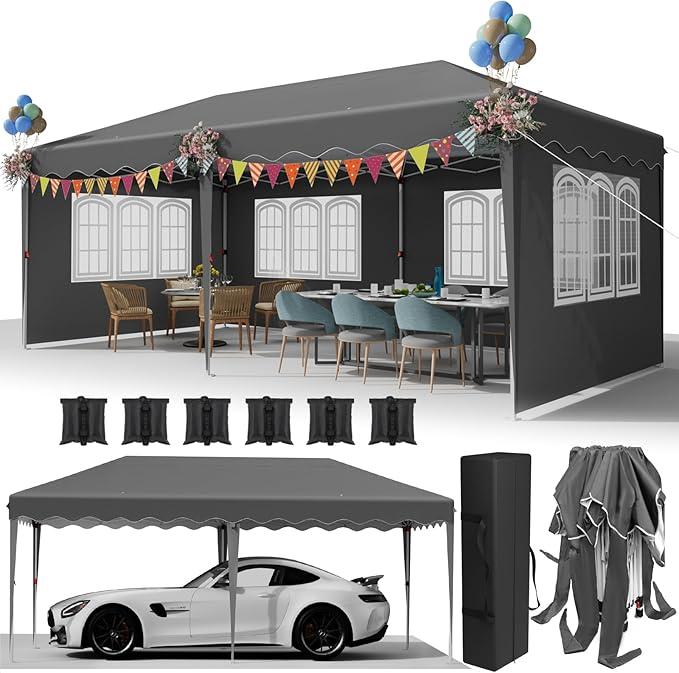 Faltpavillon 3x6, Pavillon 3x6 Wasserdicht Stabil Winterfest, Gartenzelt mit Seitenteilen, Partyzelt 420D Oxford, Gartenpavillon Höhenverstellbar,UV-Schutz 50+,Pavillon für Markt,Hochzeiten,Grau