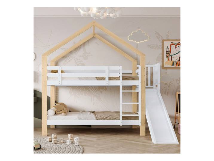 EXTSUD Etagenbett 90x200 cm Kiefer – Hausbett mit Rutsche & Rausfallschutz
