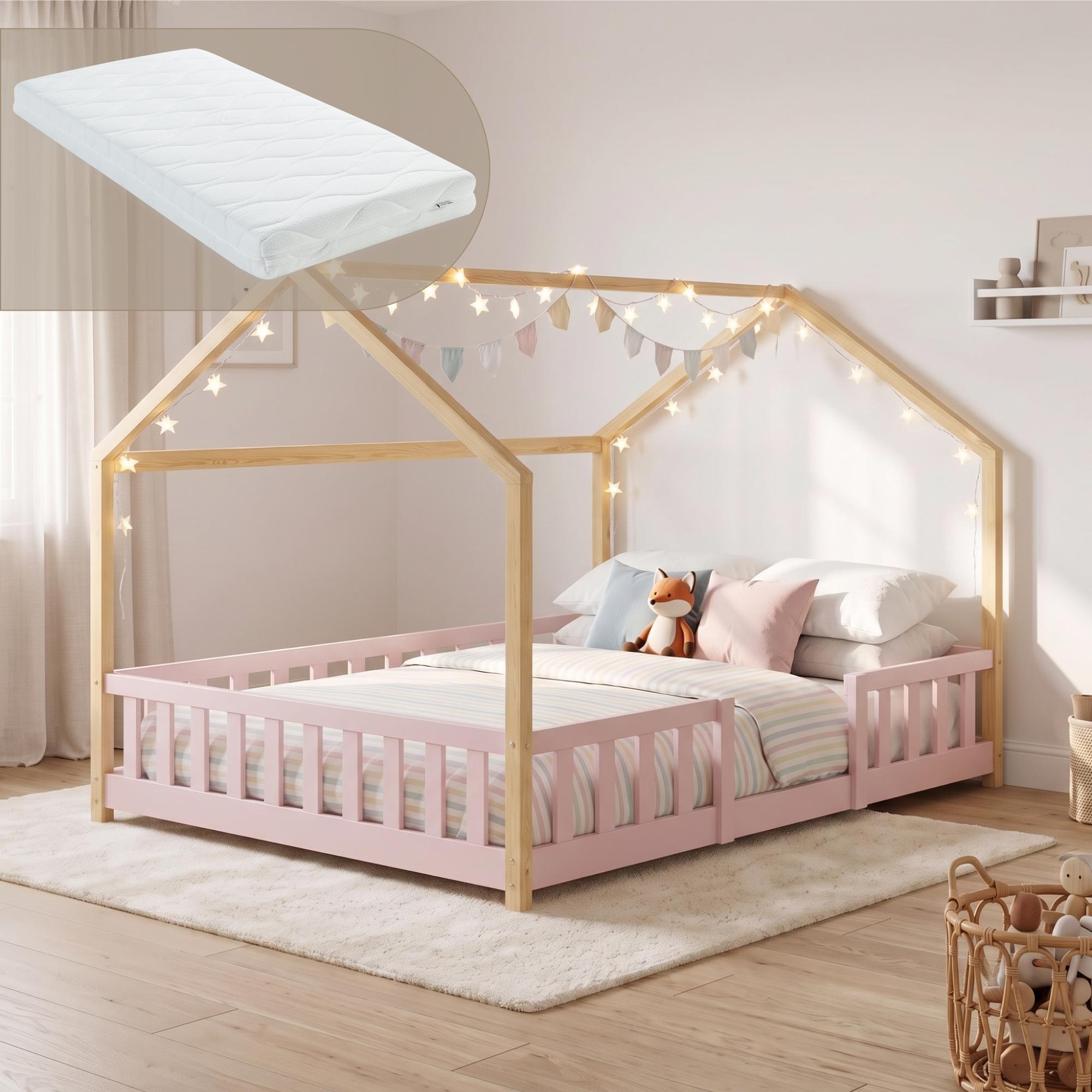 Kinderbett 'Sisimiut' Montessori in Haus-Optik mit Matratze und Rausfallschutz Kiefernholz 140x200 cm Rosa/Natur