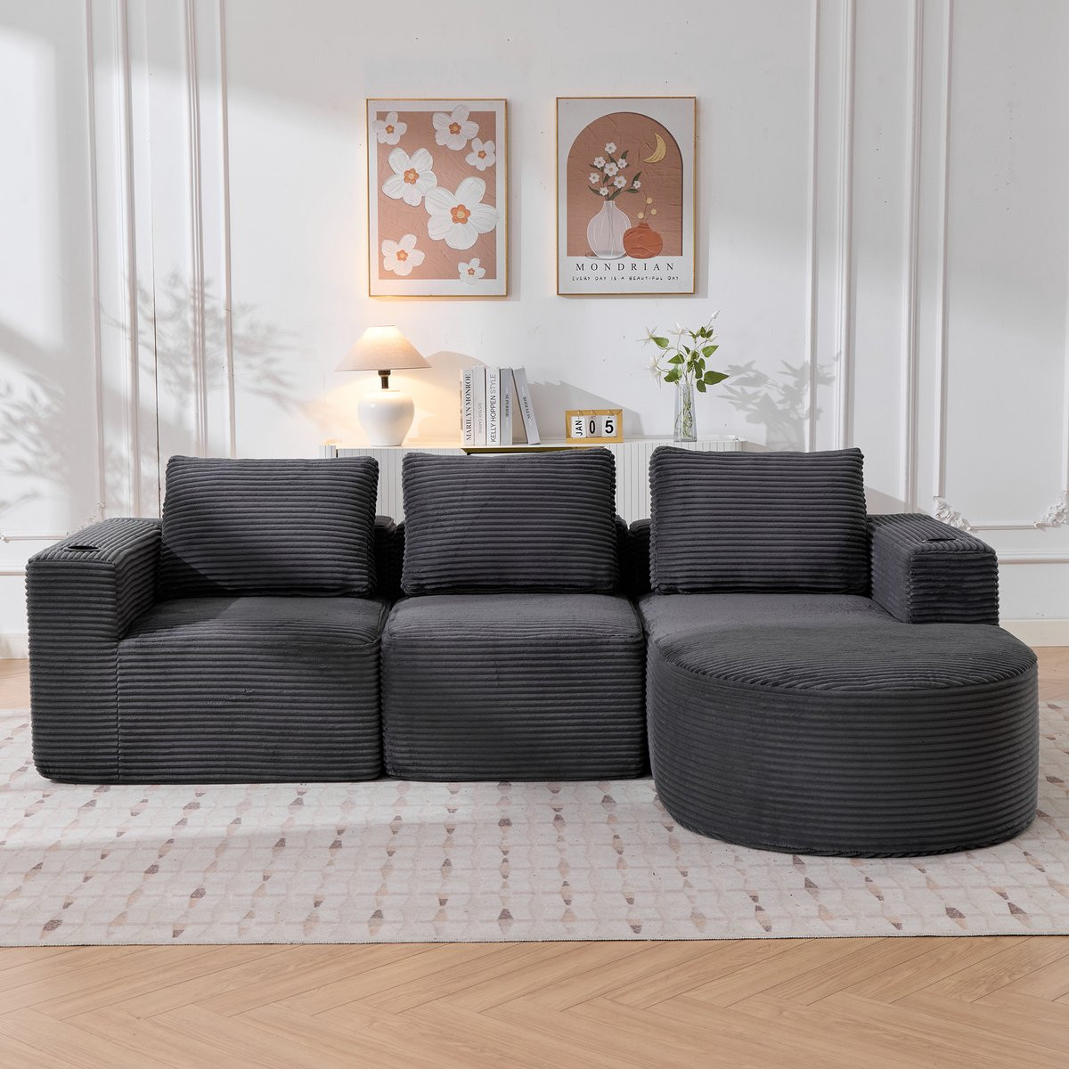 Zubaliya Modulaire 2-Zits Ribstof Sofa met Kussens en Bekerhouders - Donkergrijs