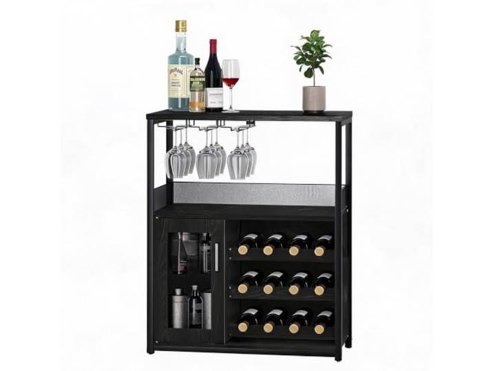 Euker Industrieller Weinschrank mit Gittertür, 3-stufigem Regal, Gläserhalter & Glasfront – Freistehender Barunterschrank für Küche, Wohn- und Esszimmer – Holzoptik Schwarz (EU-Export)