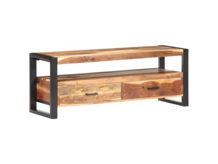 HEFZGDB TV-Schrank 120x35x45 cm Massivholz Honigfarben mit 2 Schubladen und Ablage für Multimedia-Geräte, Stahlrahmen, Vintage-Stil, Akazien- und Kautschukholz, Beistellschrank,