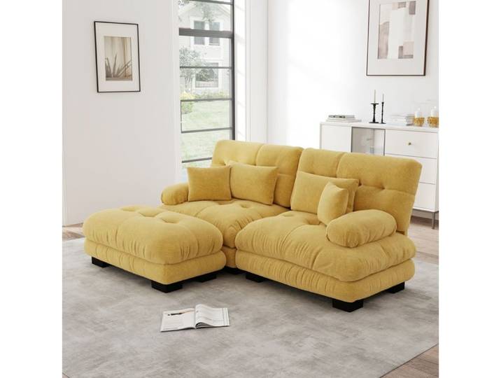 MEUBLIV Canape d angle modulable 2 places en chenille jaune avec ottoman mobile et coussins