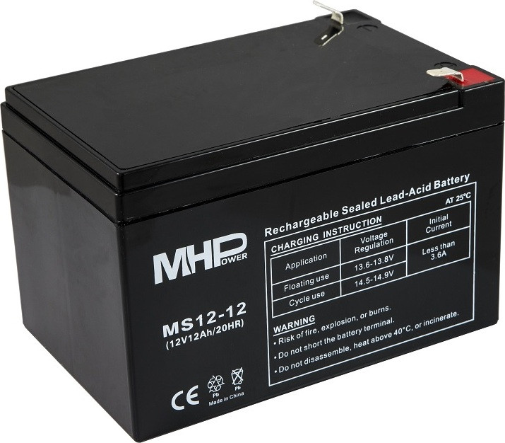 Carspa MHPower MS12-12 loodaccu AGM, 12V/12Ah, met Faston-aansluiting F2 - 6,3mm